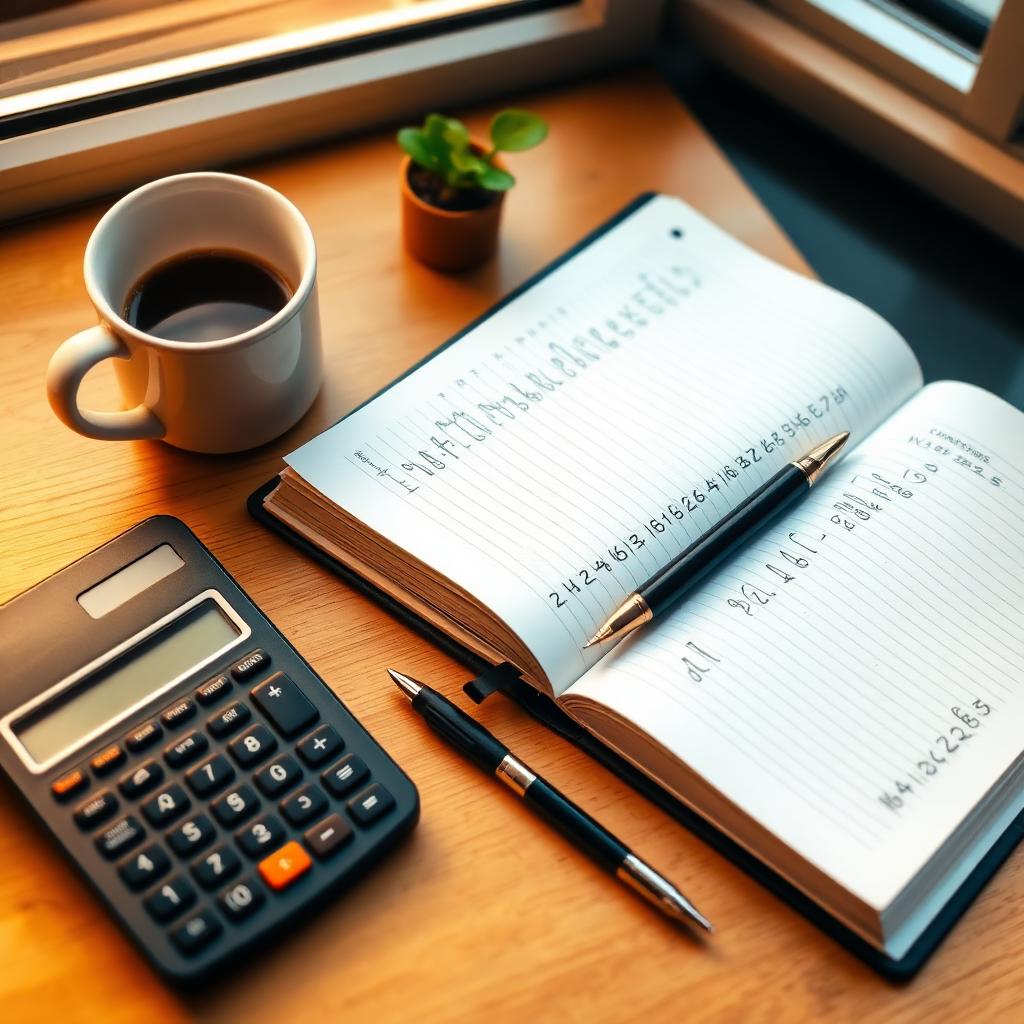 A calm bookkeeping workspace with a notebook, pen and calculator by a sunlit window.